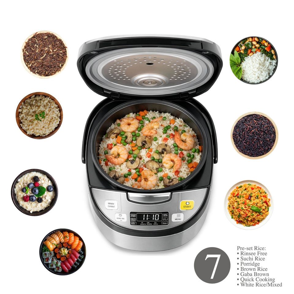 LummeHome Multifunctional Digital Rice Cooker — 7 Preset Rice Menus, Steamer, Slow Cooker & Keep-Warm, Stainless Steel, 5L
